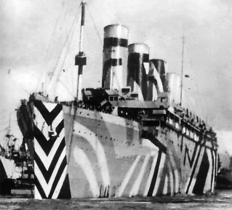 RMS Olympic in a high-contrast World War I dazzle camouflage pattern