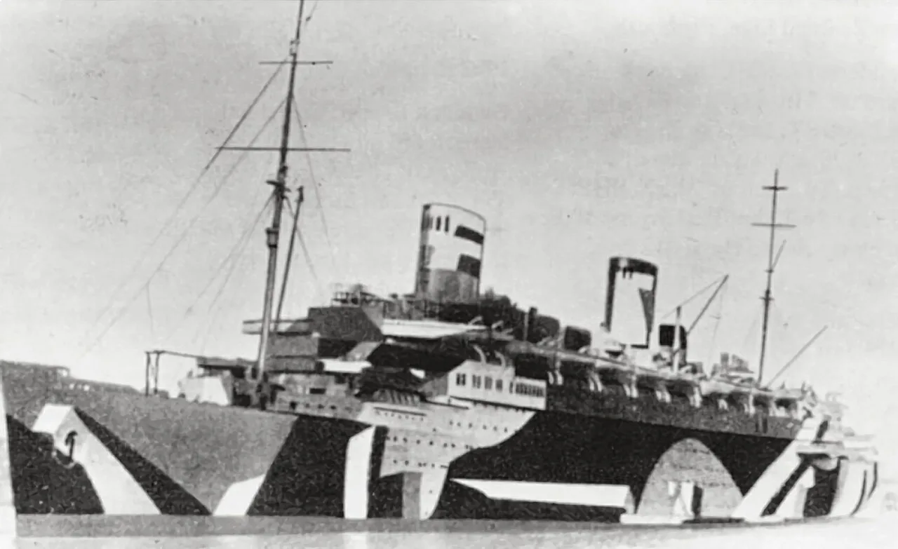 SS Bremen with broad geometric dazzle camouflage across its hull and superstructure