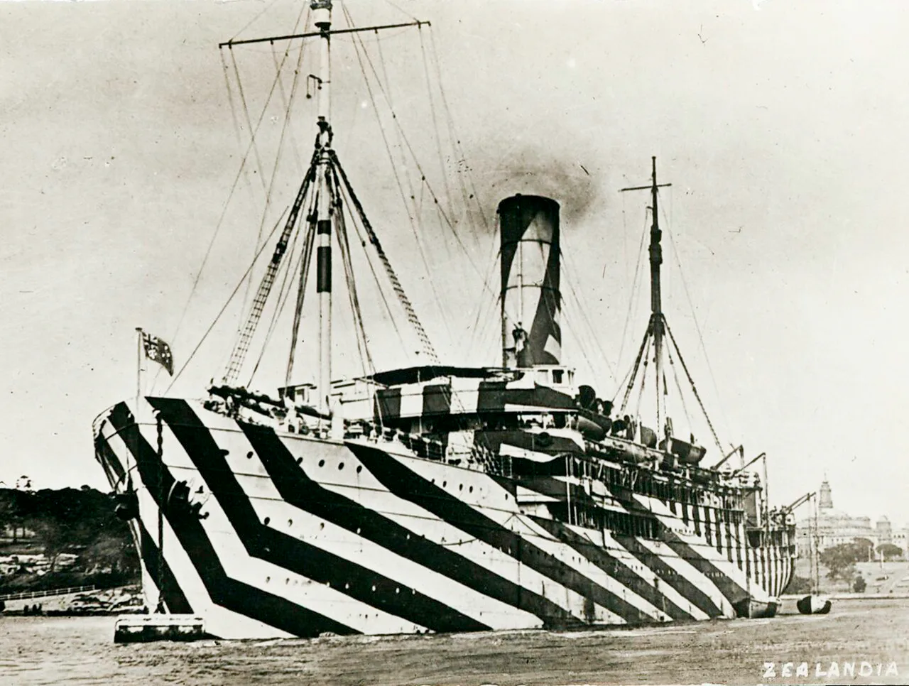 Passenger ship Zealandia painted with bold black-and-white wartime dazzle stripes