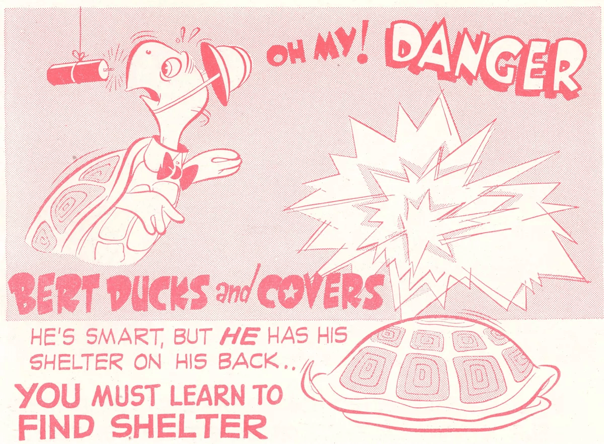 Bert the Turtle instructional artwork explaining how to duck and cover