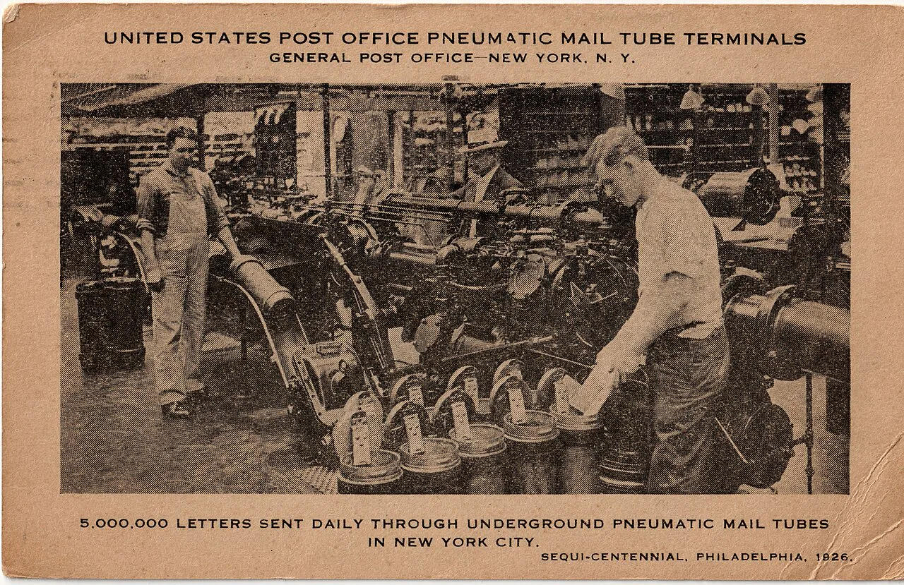 United States Post Office workers operating pneumatic mail tube terminals in New York City in 1926